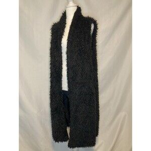 Y2K Whimsigoth Black Faux Fur Shaggy Cardigan Duster Womens L Open Front Boho